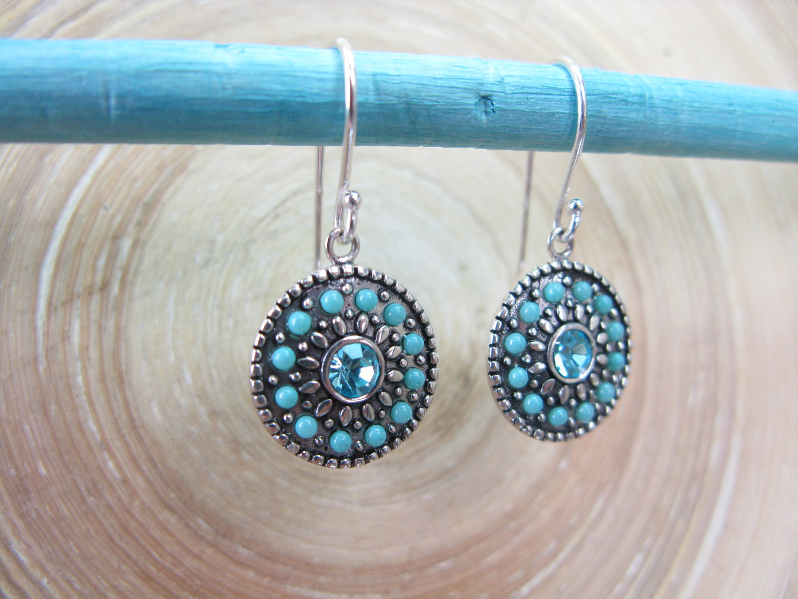 Tribal Mosaic Turquoise Blue Crystal 925 Sterling Silver Earrings