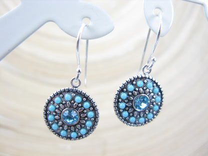 Tribal Mosaic Turquoise Blue Crystal 925 Sterling Silver Earrings