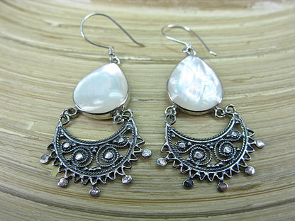 Balinese Filigree Mother of Pearl Oxidized 925 Sterling Silver Earrings Earrings - Faith Owl