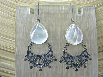 Balinese Filigree Mother of Pearl Oxidized 925 Sterling Silver Earrings Earrings - Faith Owl