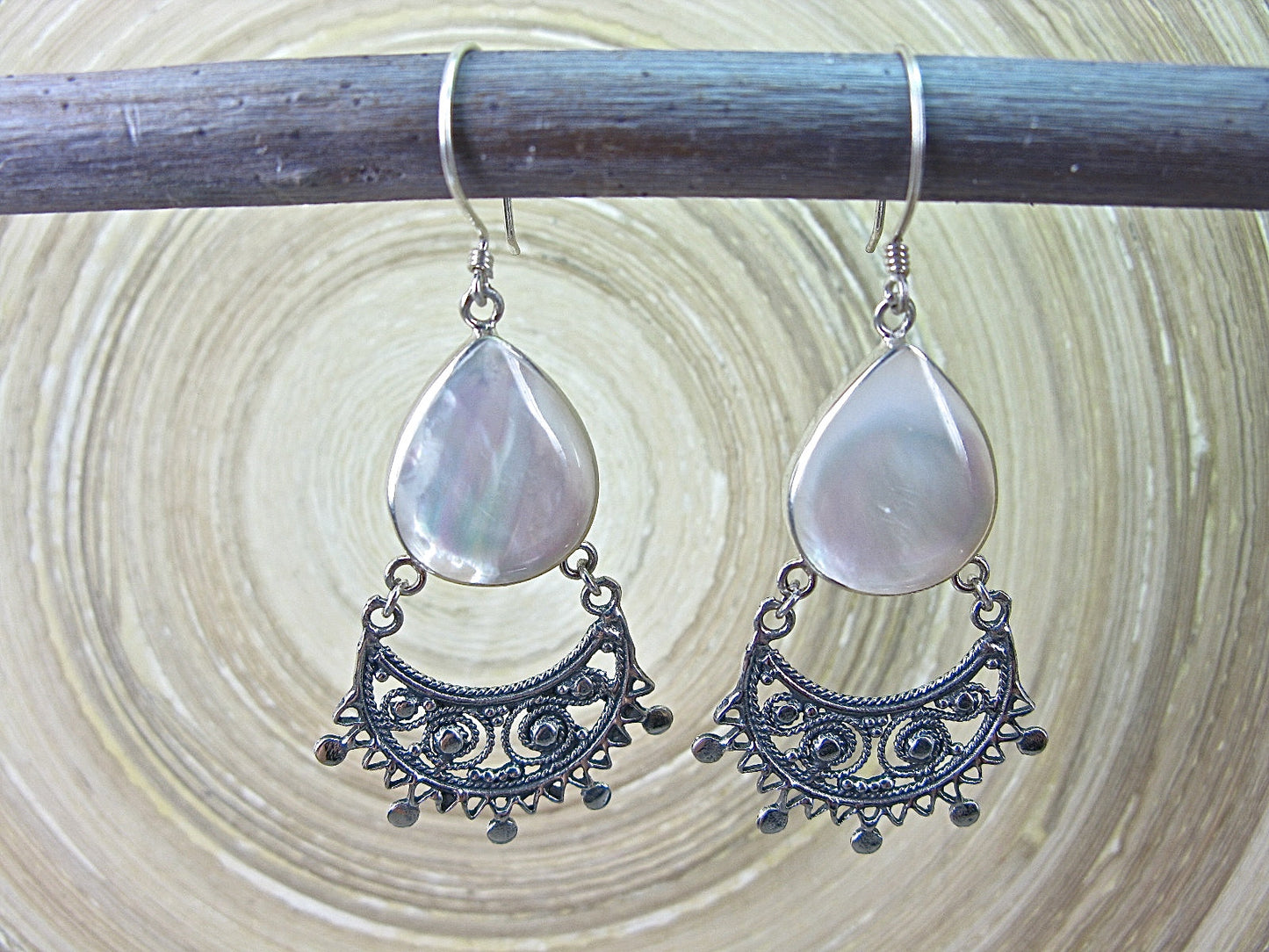 Balinese Filigree Mother of Pearl Oxidized 925 Sterling Silver Earrings Earrings - Faith Owl