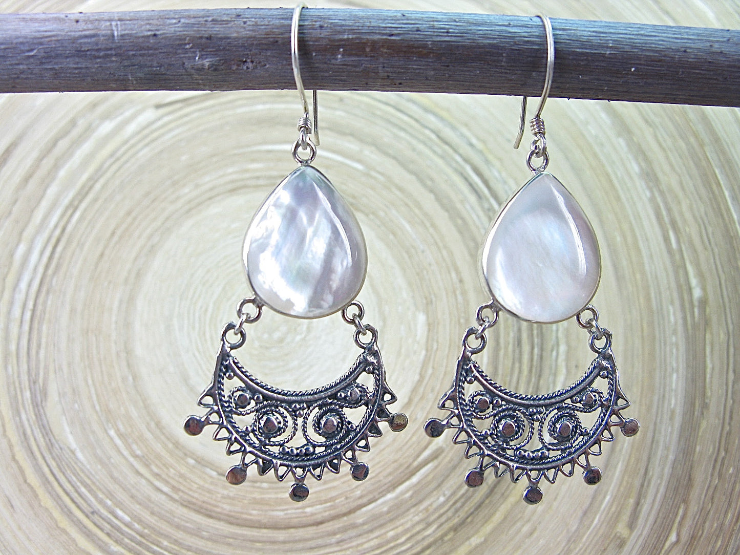 Balinese Filigree Mother of Pearl Oxidized 925 Sterling Silver Earrings Earrings - Faith Owl