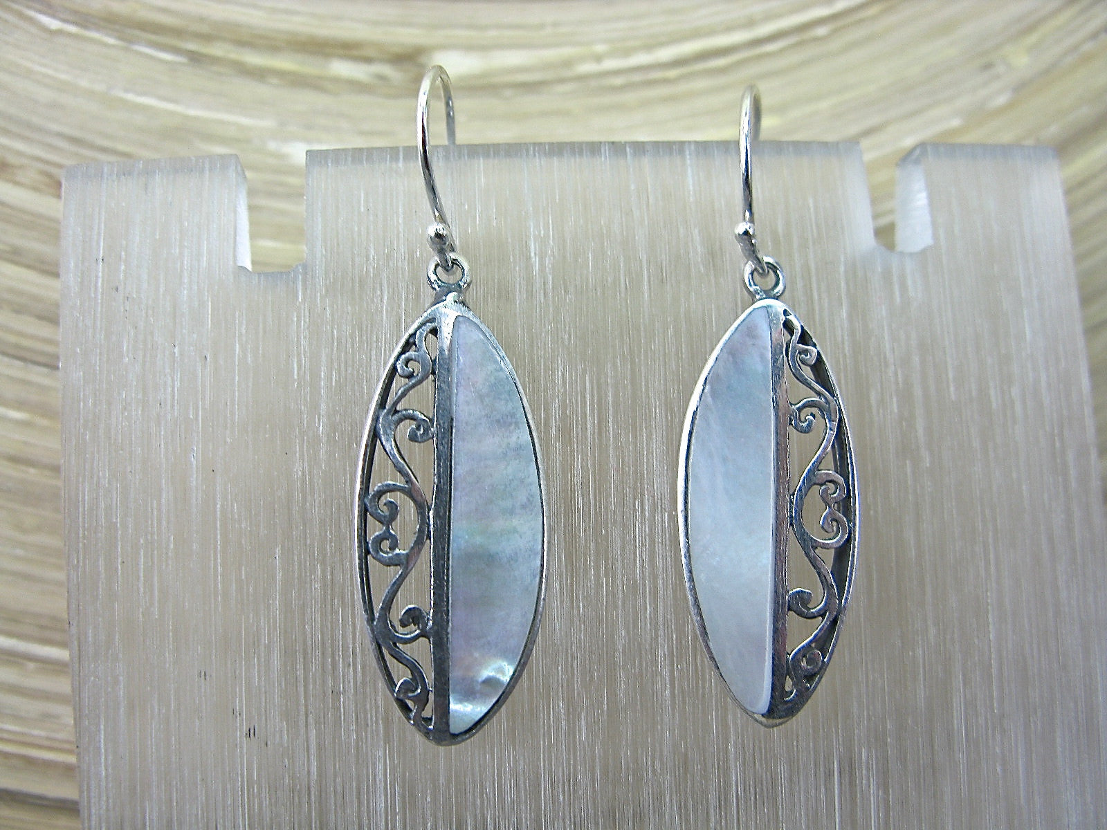 Filigree Mother of Pearl  Oxidized Marquise Shaped 925 Sterling Silver Earrings Earrings - Faith Owl