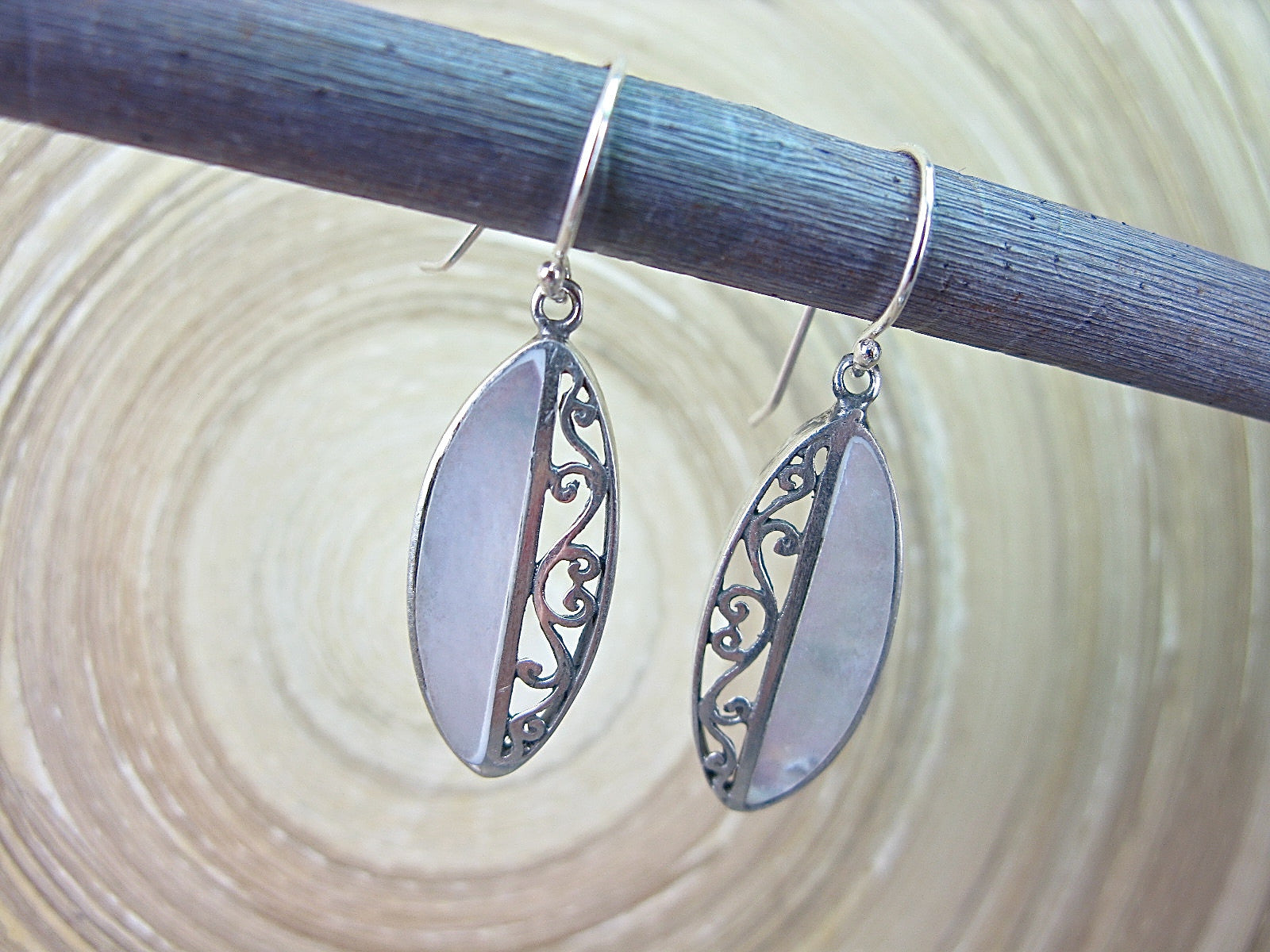 Filigree Mother of Pearl  Oxidized Marquise Shaped 925 Sterling Silver Earrings Earrings - Faith Owl