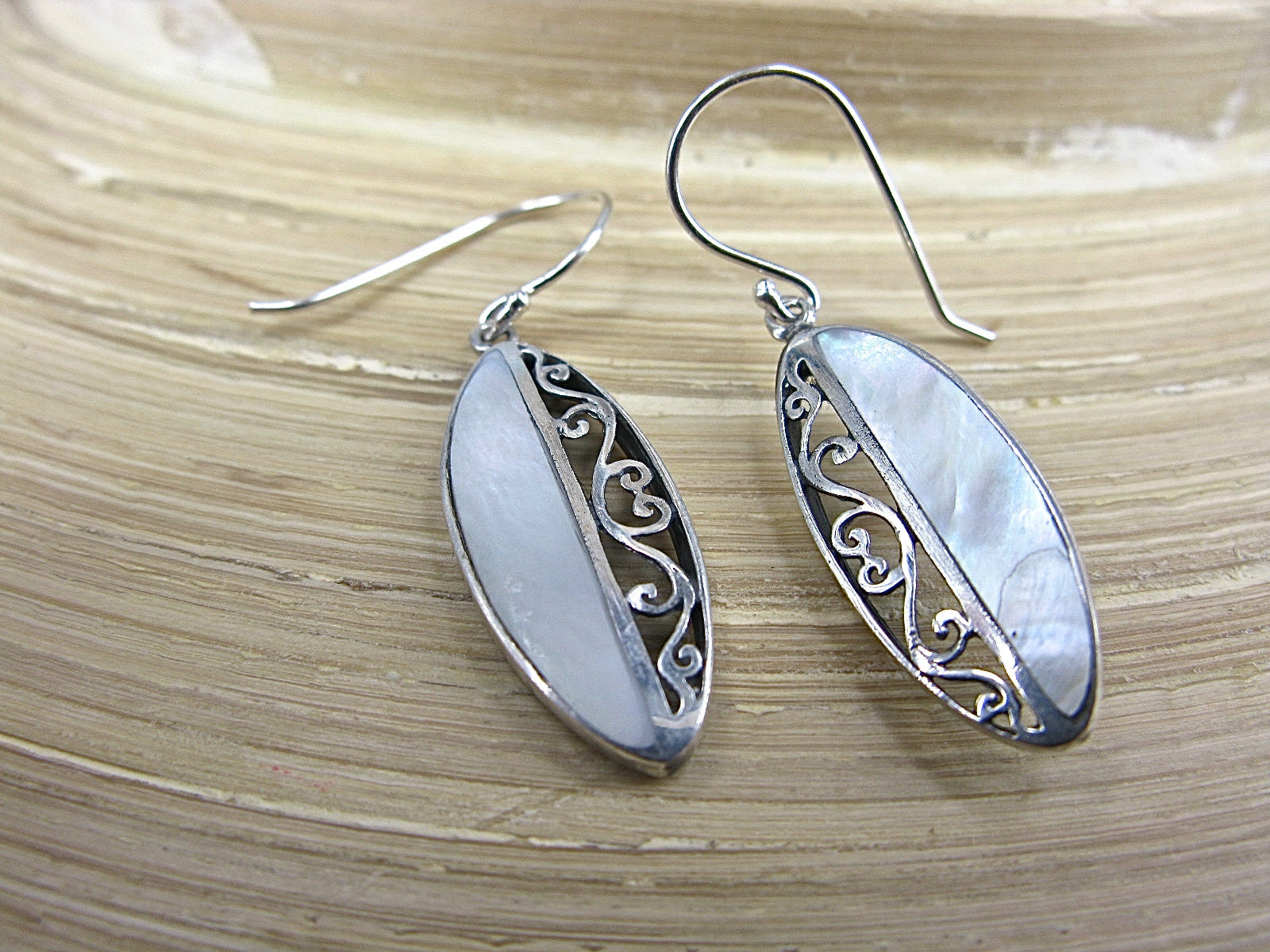Filigree Mother of Pearl  Oxidized Marquise Shaped 925 Sterling Silver Earrings Earrings - Faith Owl