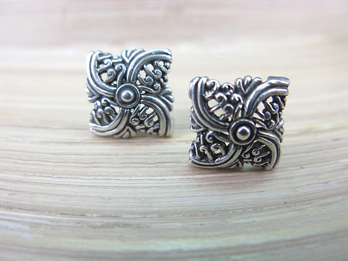 Filigree Square Balinese Swirl 925 Sterling Silver Stud Earrings Stud - Faith Owl