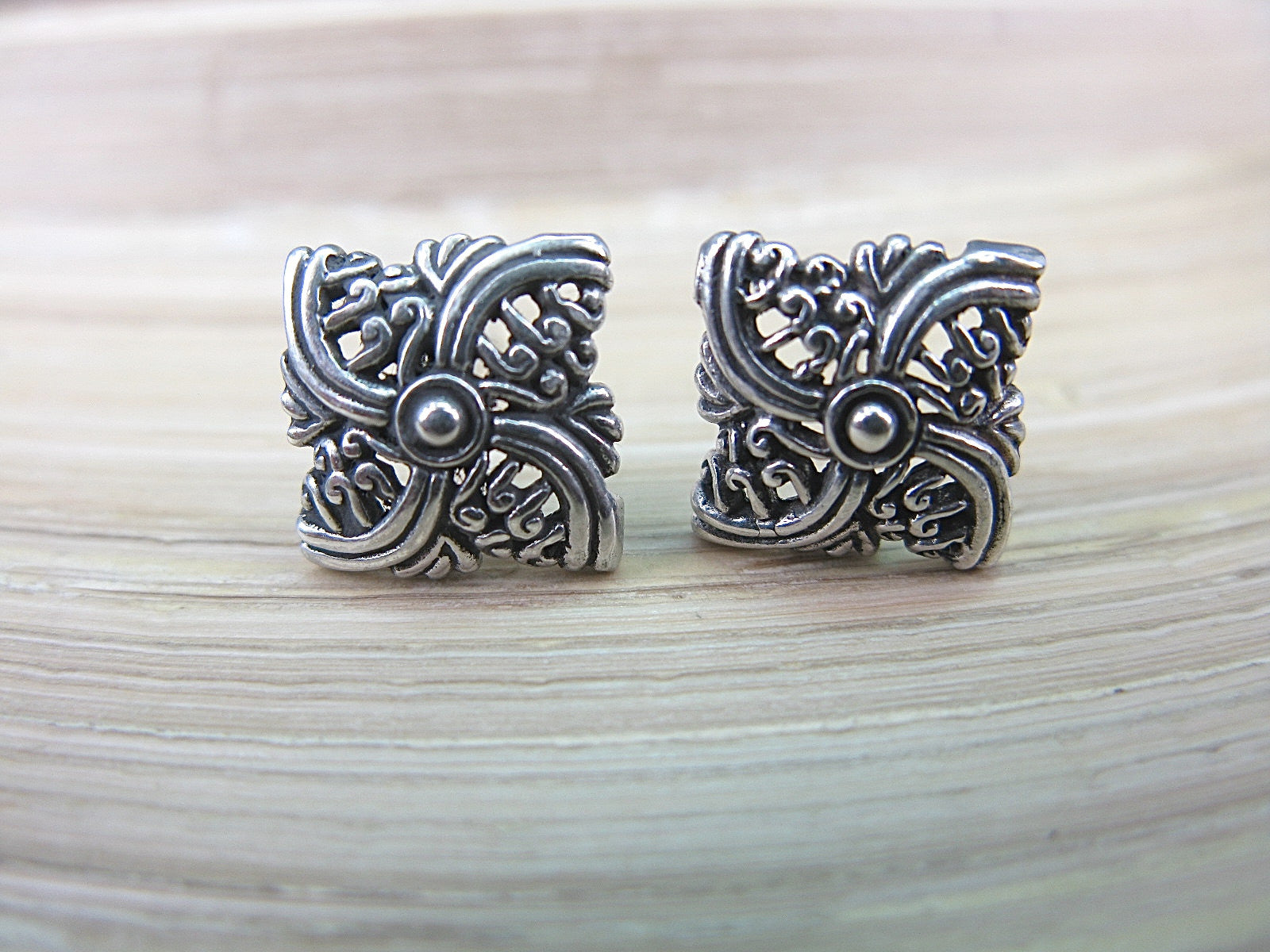 Filigree Square Balinese Swirl 925 Sterling Silver Stud Earrings Stud - Faith Owl