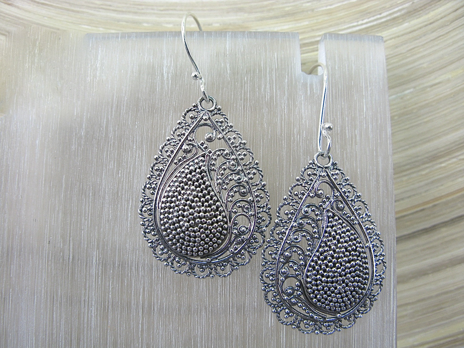 Balinese Bead Filigree Cahew Pear Shaped 925 Sterling Silver Earrings Earrings - Faith Owl