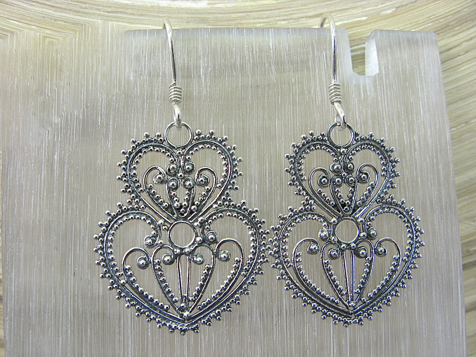 Balinese Bead Filigree Heart Oxidized 925 Sterling Silver Earrings Earrings - Faith Owl