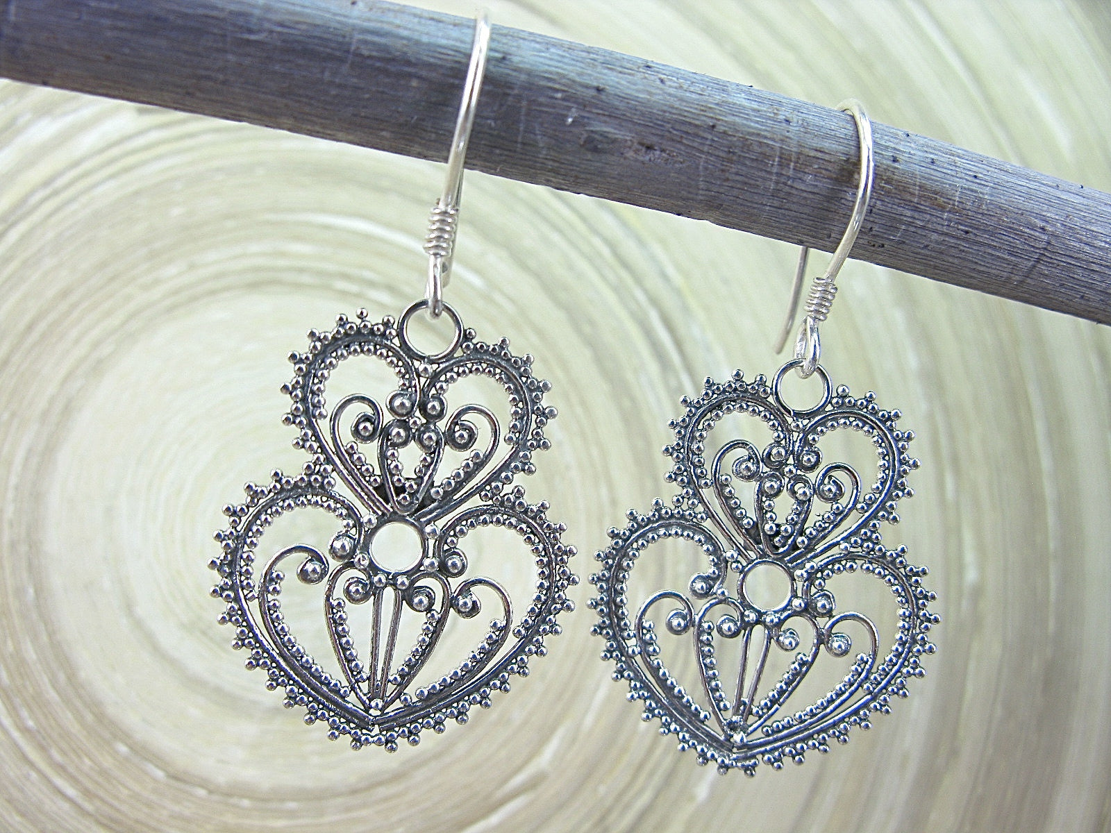 Balinese Bead Filigree Heart Oxidized 925 Sterling Silver Earrings Earrings - Faith Owl