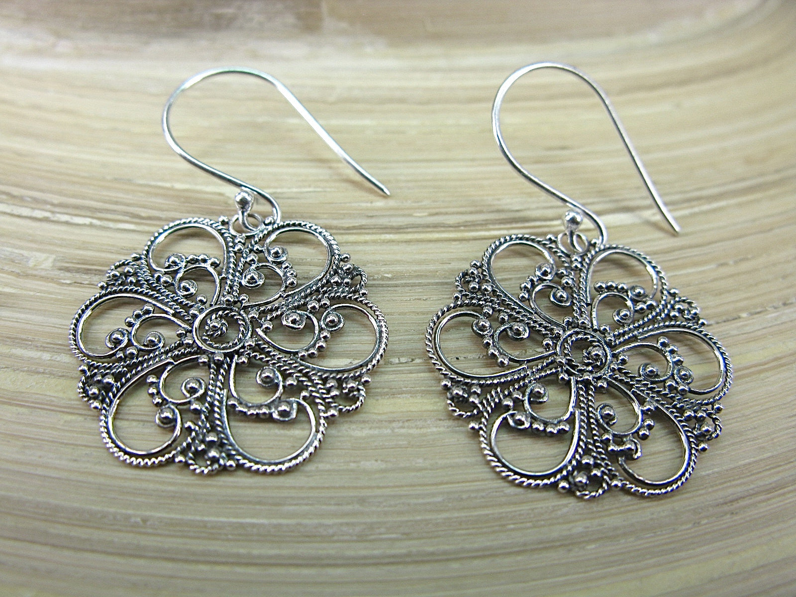 Balinese Bead Filigree Flower Oxidized 925 Sterling Silver Earrings Earrings - Faith Owl
