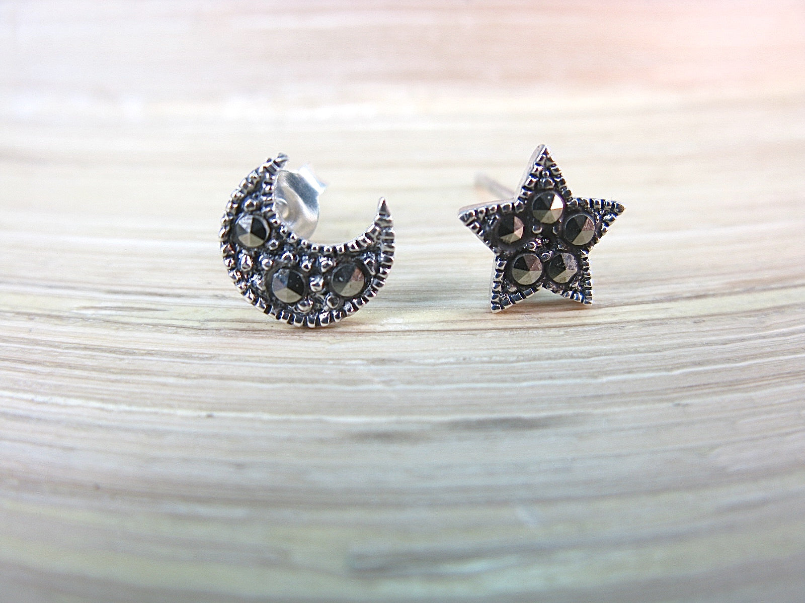 Star Crescent Moon Marcasite 925 Sterling Silver Stud Earrings