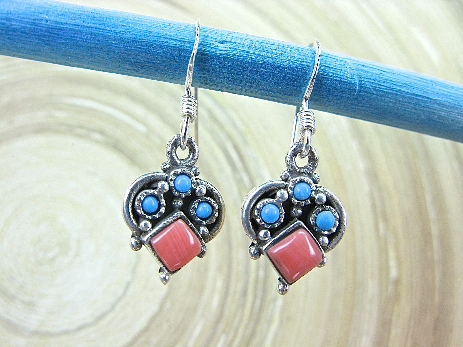 Rhodochrosite Turquoise Dangle Oxidized 925 Sterling Silver Earrings Earrings Faith Owl - Faith Owl