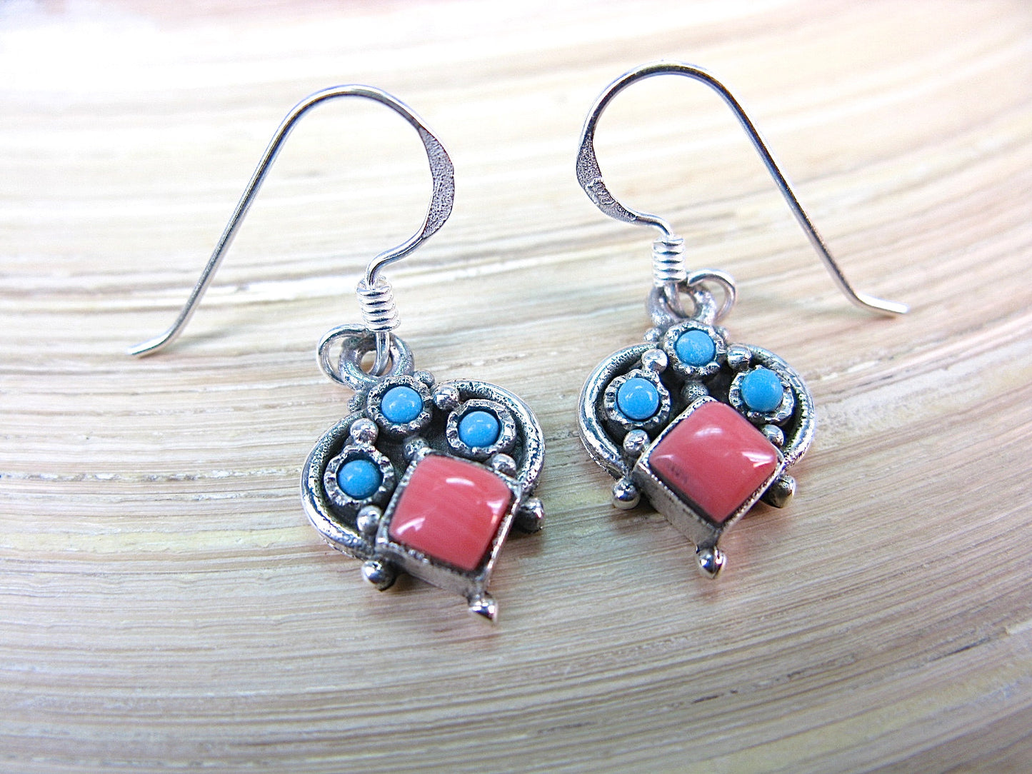 Rhodochrosite Turquoise Dangle Oxidized 925 Sterling Silver Earrings Earrings Faith Owl - Faith Owl