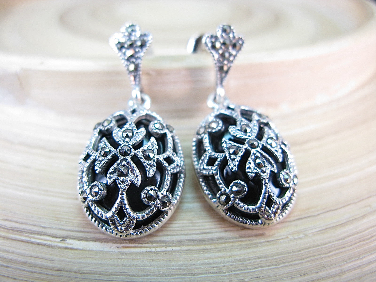 Onyx Marcasite Filigree Vintage Dangle 925 Sterling Silver Earrings Earrings Faith Owl - Faith Owl