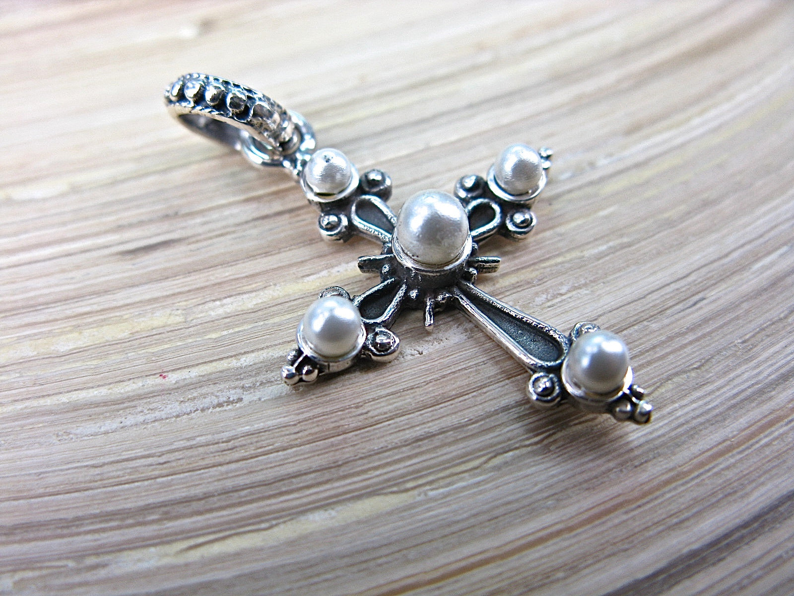 Cross Pearl Oxidized 925 Sterling Silver Pendant Pendant Faith Owl - Faith Owl
