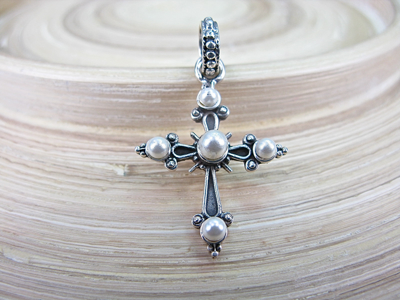 Cross Pearl Oxidized 925 Sterling Silver Pendant Pendant - Faith Owl