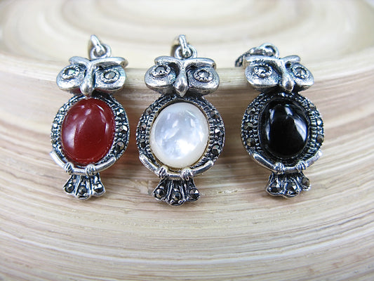 Owl Marcasite Multi Gemstone 925 Sterling Siliver Pendant Pendant Faith Owl - Faith Owl