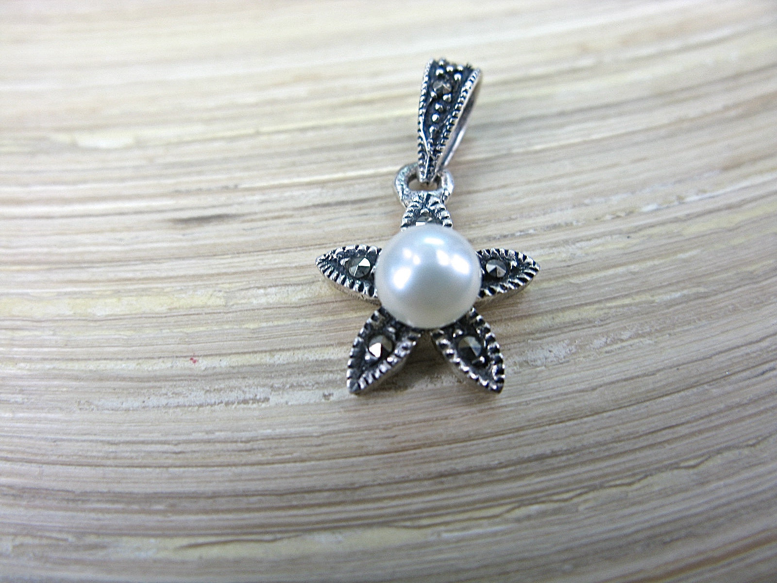 Flower Star Marcasite Pearl 925 Sterling Siliver Pendant Pendant Faith Owl - Faith Owl