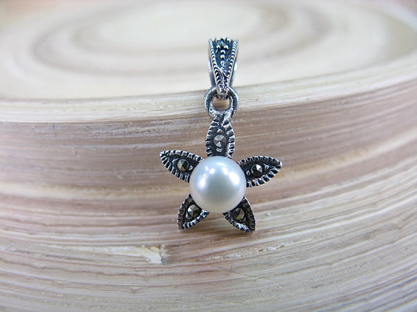 Flower Star Marcasite Pearl 925 Sterling Siliver Pendant Pendant Faith Owl - Faith Owl