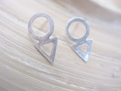 Geometric Round Circle Triangle Filigree Matte 925 Sterling Silver Stud Earrings