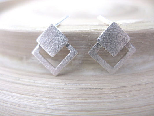 Geometric Square Filigree Matt 925 Sterling Silver Stud Earrings Stud - Faith Owl
