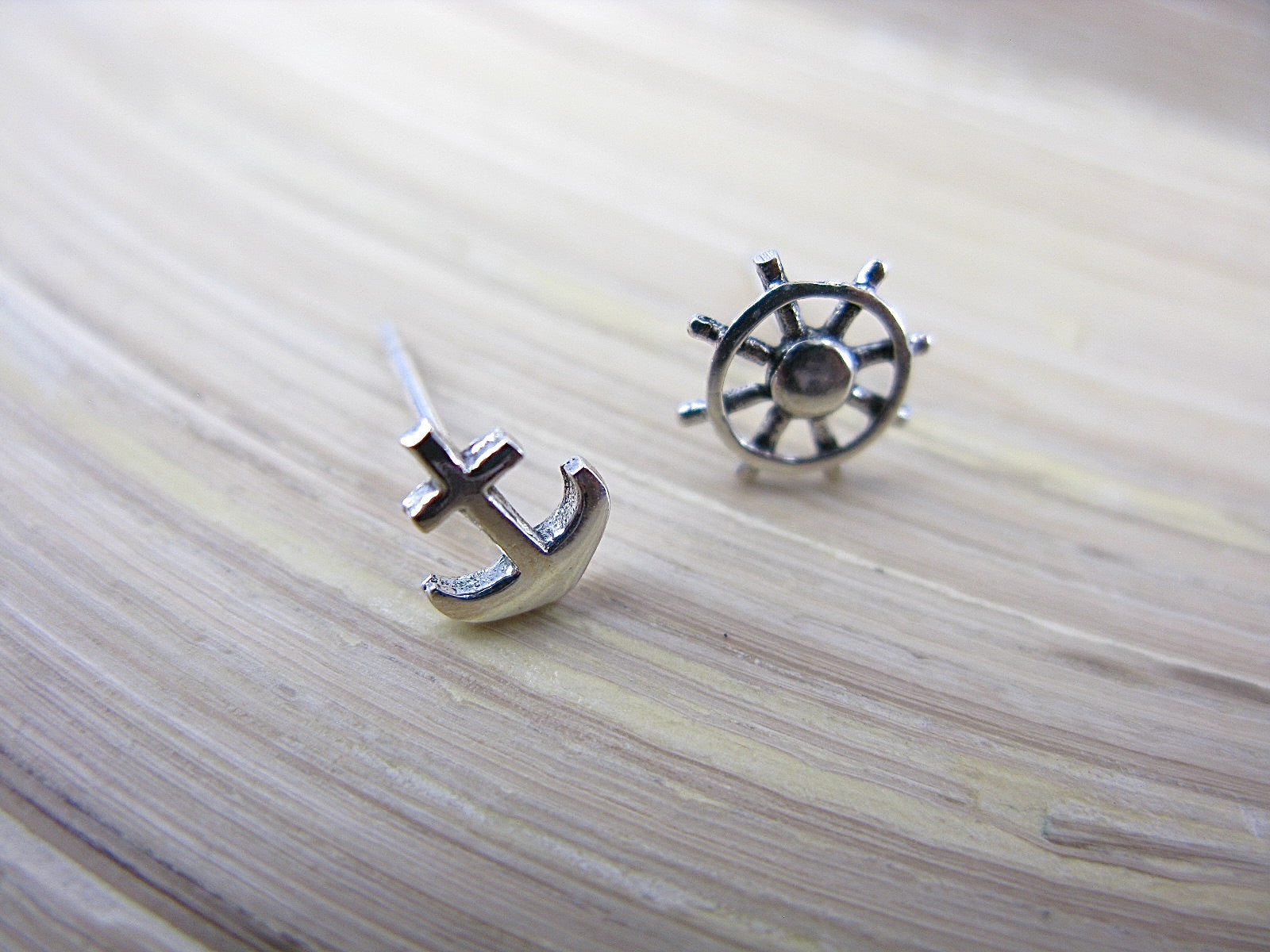 Anchor Ship Wheel 925 Sterling Silver Stud Earrings  - Faith Owl