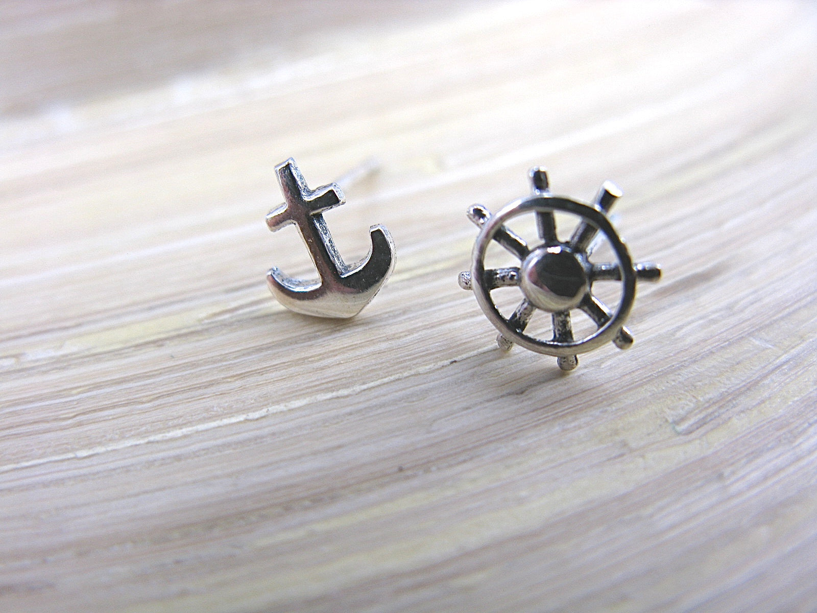 Anchor Ship Wheel 925 Sterling Silver Stud Earrings  - Faith Owl