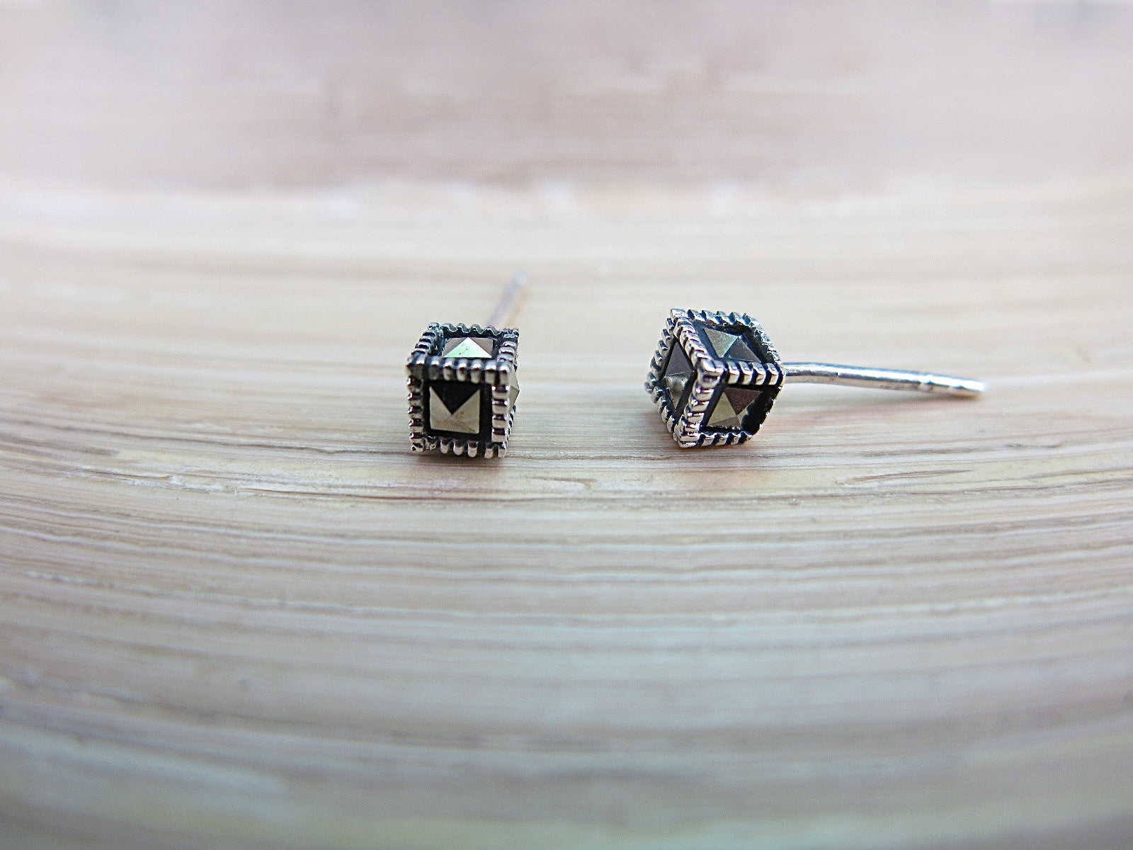 Cube Square Marcasite 925 Sterling Silver Stud Earrings Stud Faith Owl - Faith Owl