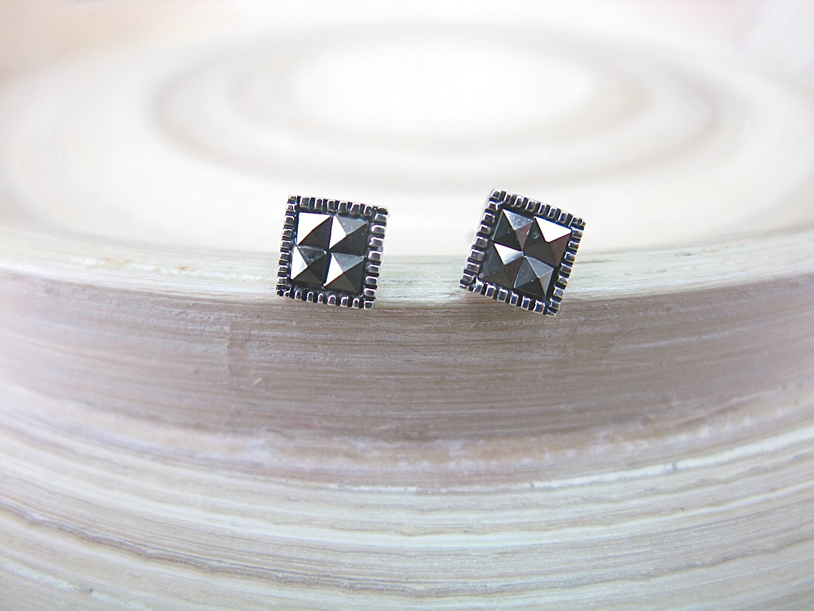 Square Geometric Marcasite 925 Sterling Silver Stud Earrings