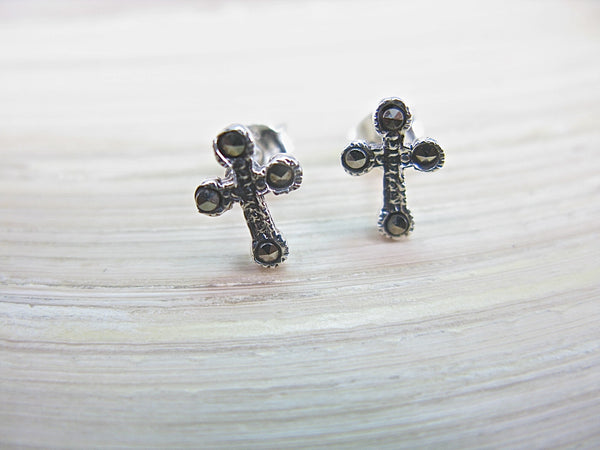 Cross Religious Marcasite 925 Sterling Silver Stud Earrings Stud - Faith Owl