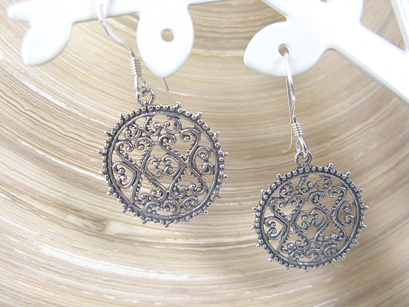 Filigree Lace Round 925 Sterling Silver Earrings Faith Owl - Faith Owl