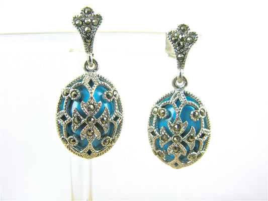 Turquoise Marcasite Filigree Vintage Dangle 925 Sterling Silver Earrings Earrings Faith Owl - Faith Owl