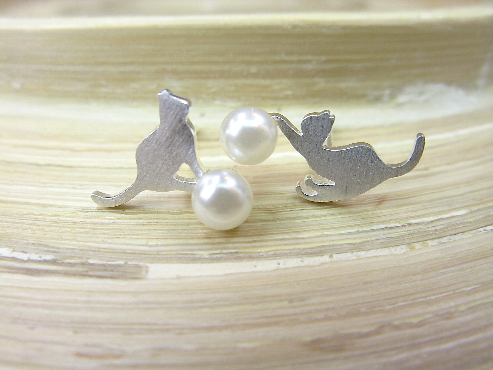 Cat Playing Ball 925 Sterling Silver Stud Earrings Stud - Faith Owl
