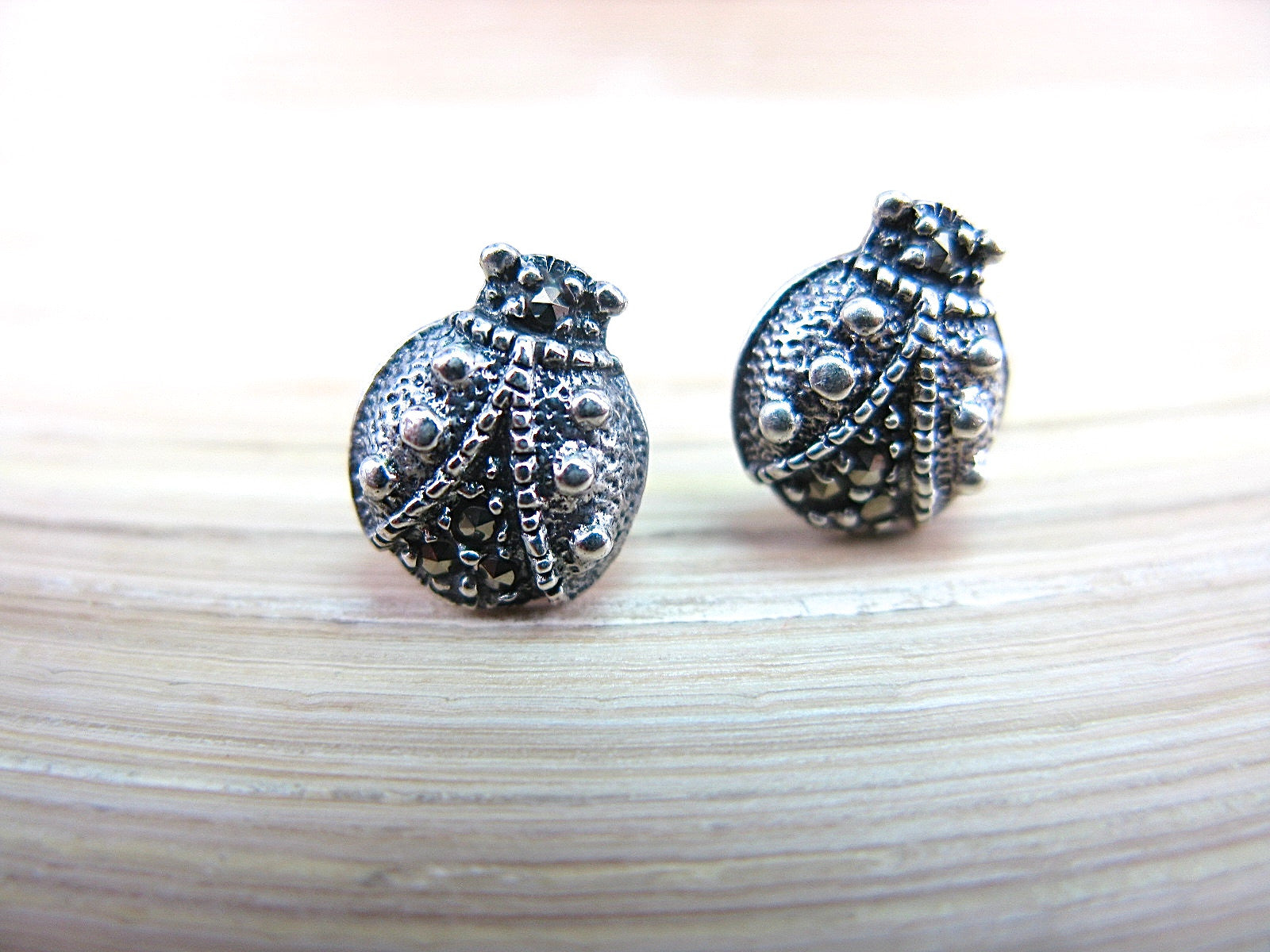 Ladybug Marcasite Sterling Silver Stud Earrings Stud Faith Owl - Faith Owl