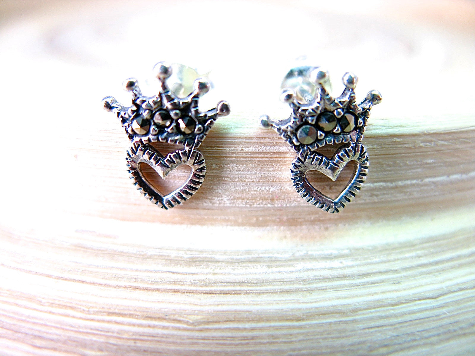 Crown Heart Marcasite Vintage Sterling Silver Stud Earrings Stud - Faith Owl