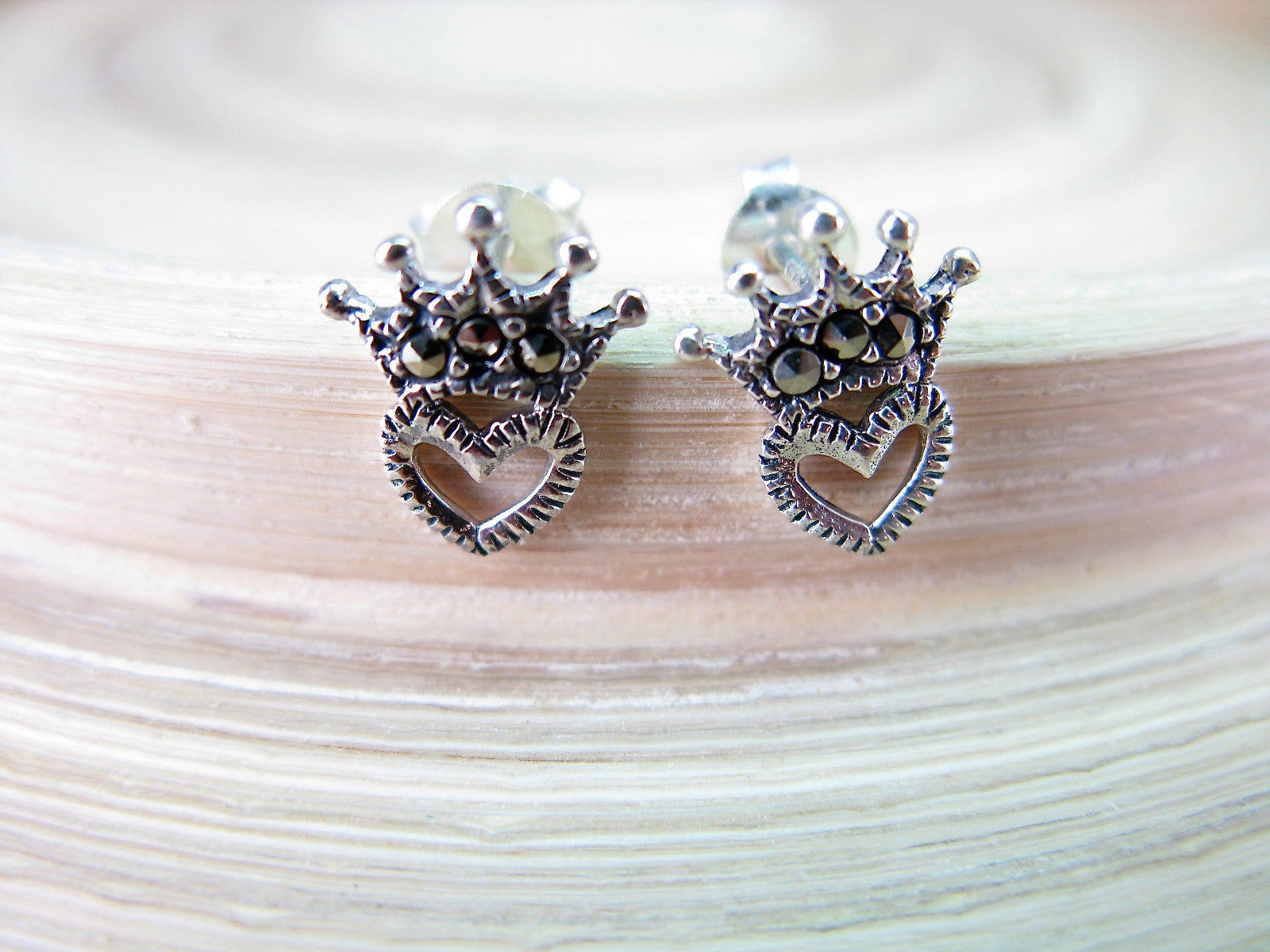Crown Heart Marcasite Vintage Sterling Silver Stud Earrings Stud - Faith Owl