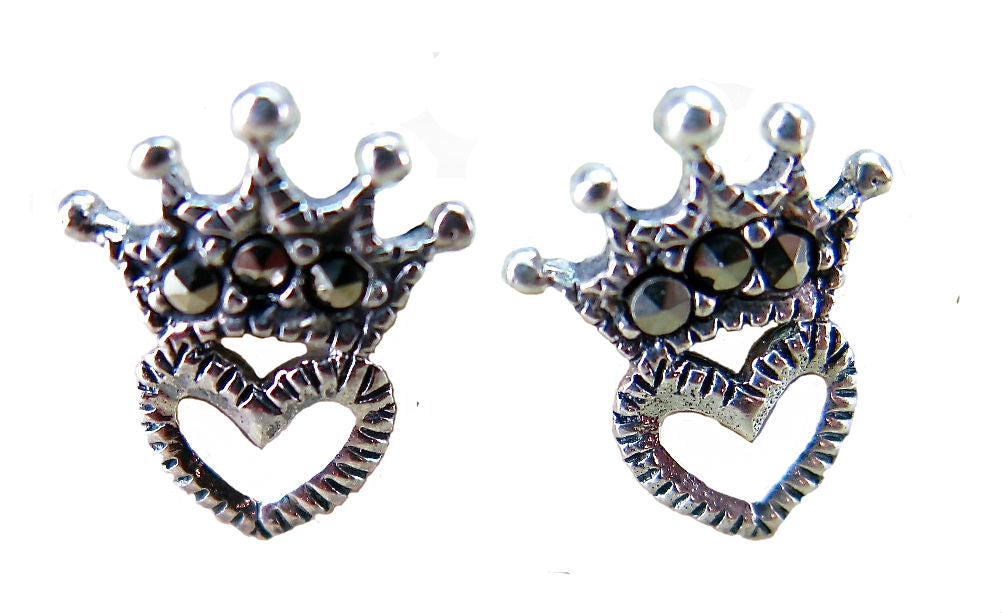 Crown Heart Marcasite Vintage Look 925 Sterling Silver Stud Earrings