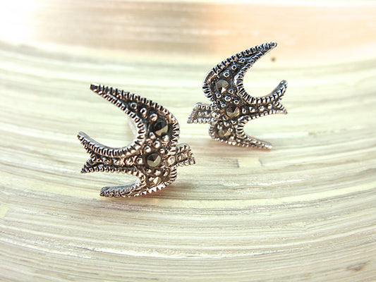 Swallow Bird Marcasite Vintage 925 Sterling Silver Stud Earrings Stud Faith Owl - Faith Owl