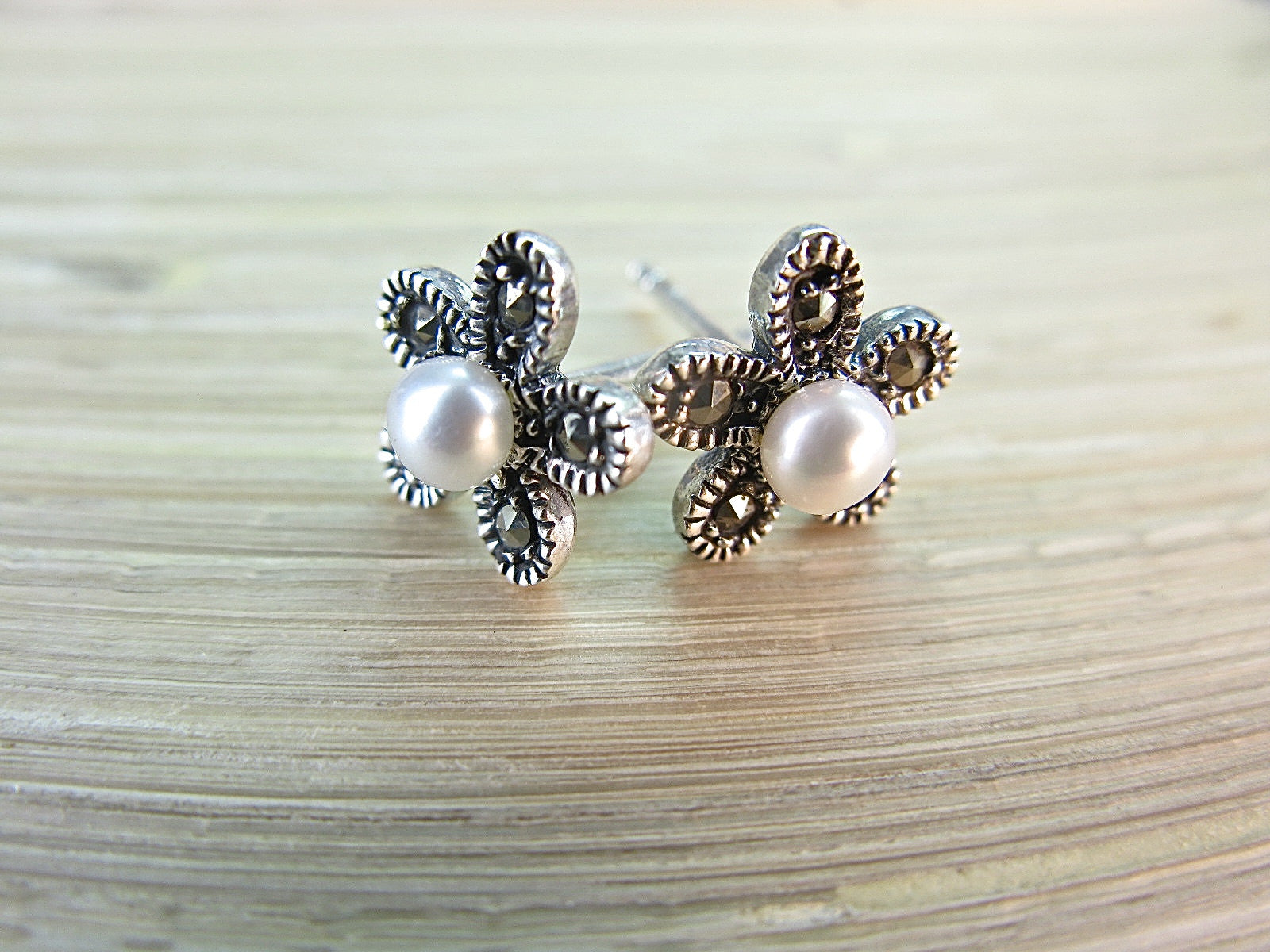 Flower Marcasite Pearl Sterling Silver Stud Earrings Stud - Faith Owl