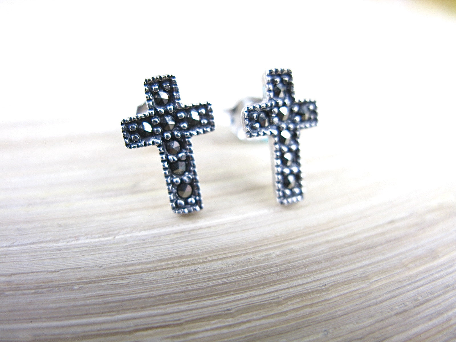 Cross Marcasite Elegant Sterling Silver Stud Earrings Stud - Faith Owl
