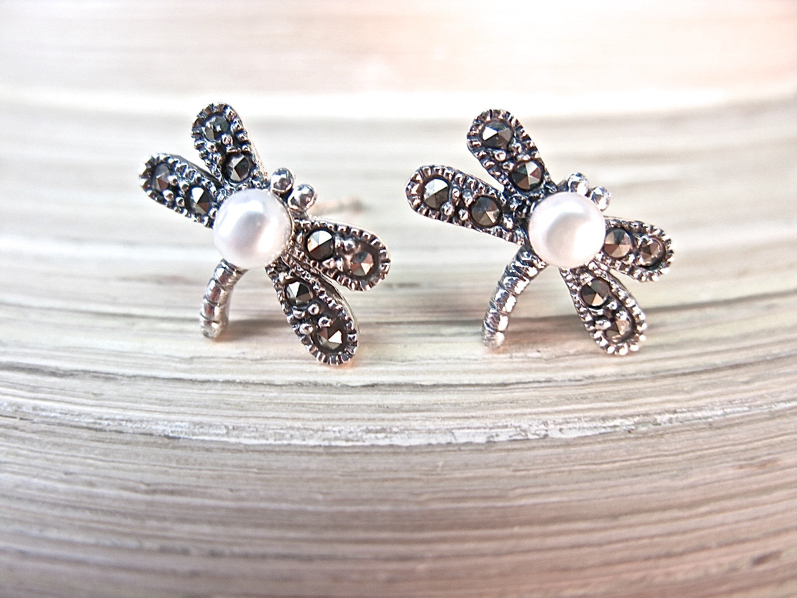 Dragonfly Marcasite Pearl Sterling Silver Stud Earrings Stud - Faith Owl