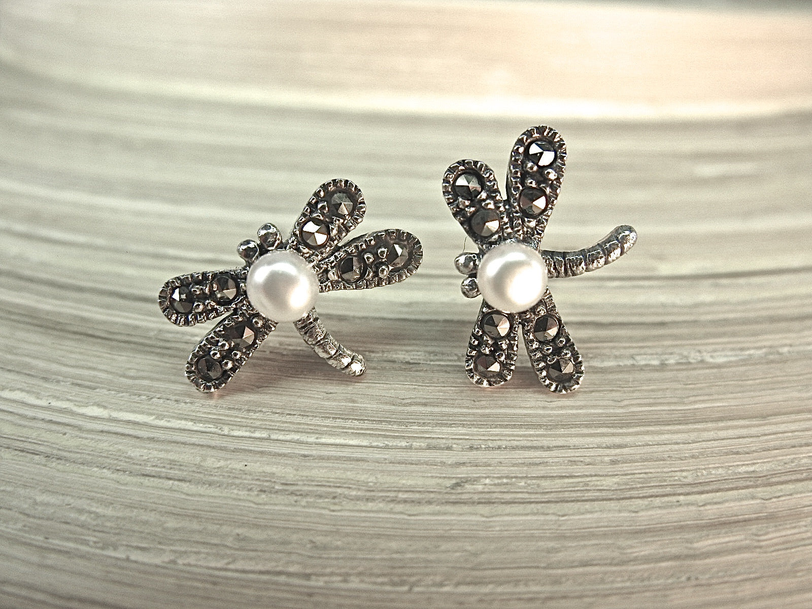 Dragonfly Marcasite Pearl Sterling Silver Stud Earrings Stud Faith Owl - Faith Owl