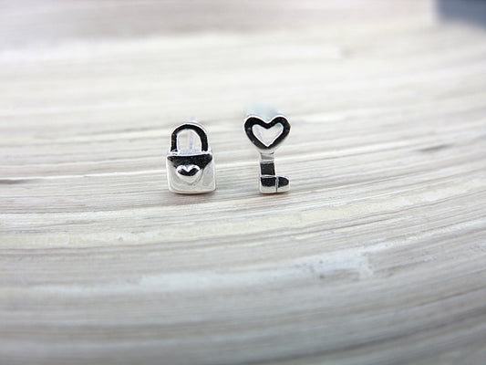 Heart Key Lock 925 Sterling Silver Stud Earrings Stud - Faith Owl