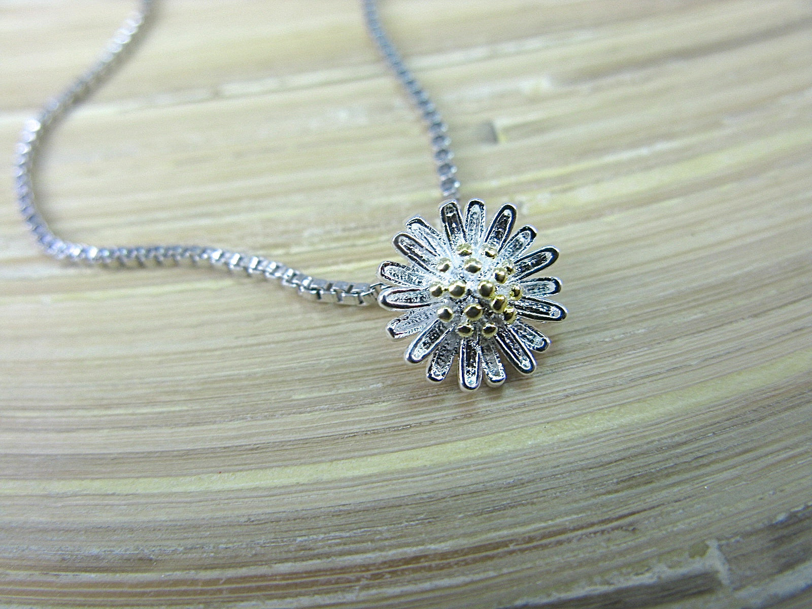 Daisy Flower Two Tone 925 Sterling Silver Pendant Chain Necklace Necklace Faith Owl - Faith Owl