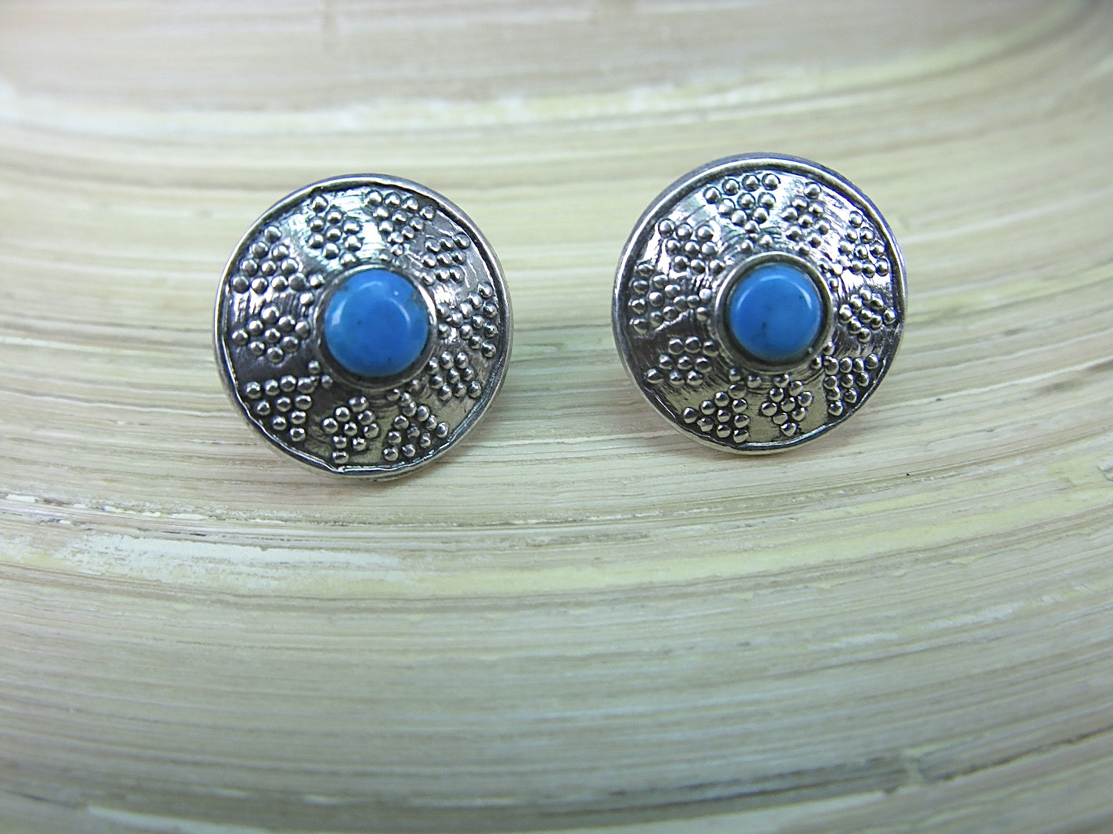 Turquoise Hammered Round Bead Tribal Stud Earrings in 925 Sterling Silver