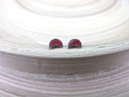 3mm Red Coral Crescent Moon Stud Earrings Minimalist 925 Sterling Silver