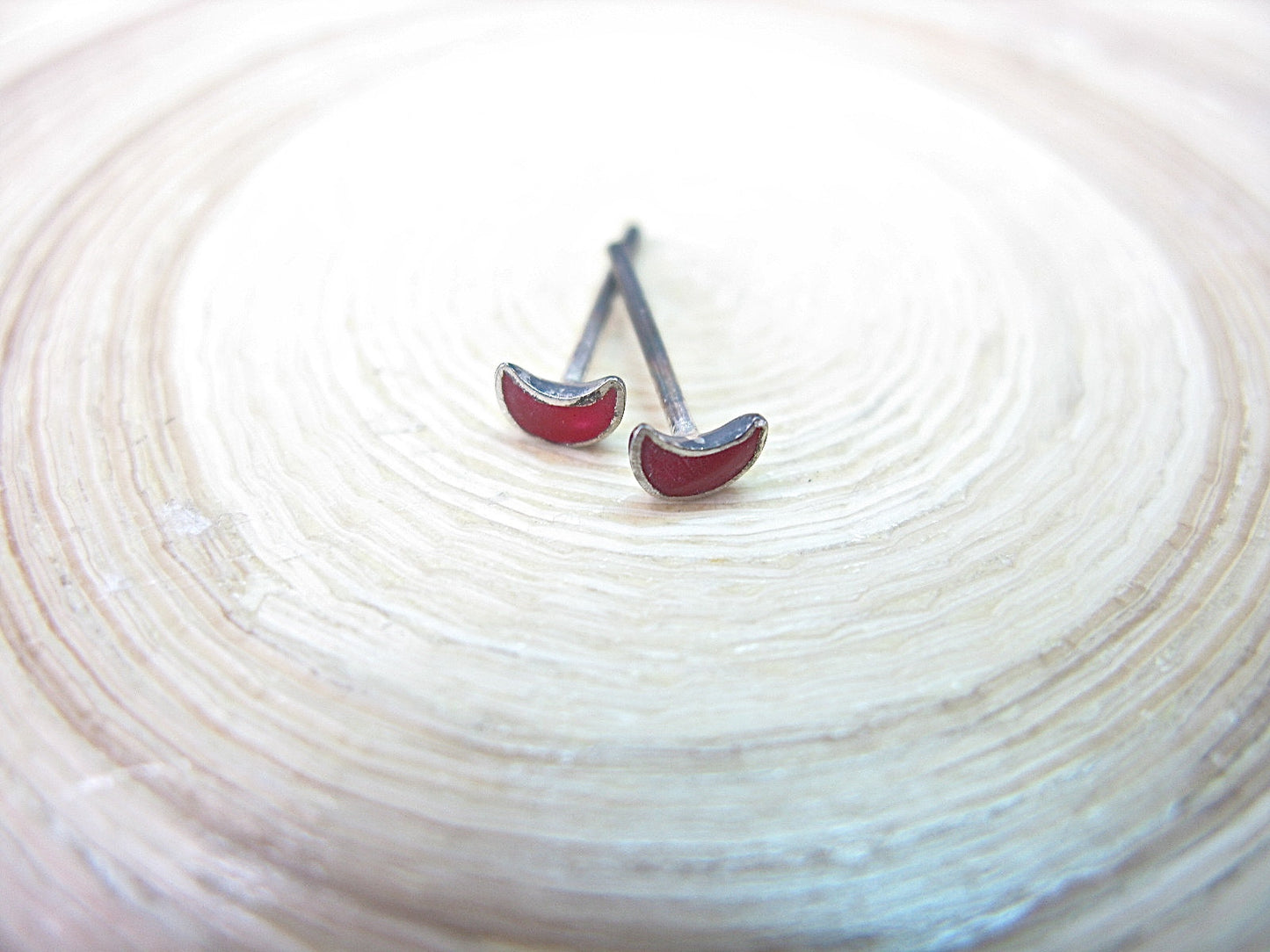 3mm Red Coral Crescent Moon Stud Earrings Minimalist 925 Sterling Silver