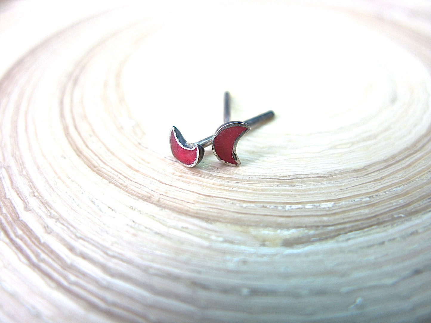 3mm Red Coral Crescent Moon Stud Earrings Minimalist 925 Sterling Silver