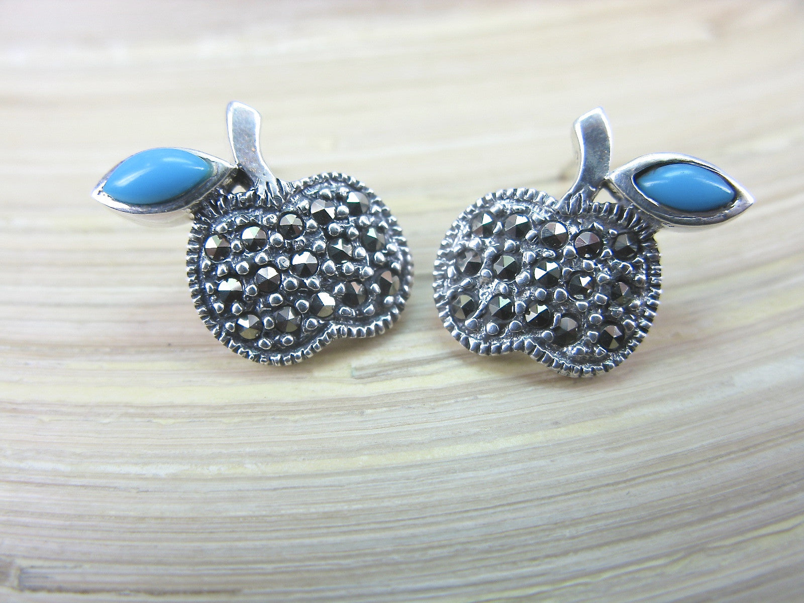Apple Turquoise Marcasite 925 Sterling Silver Earrings Stud Stud - Faith Owl